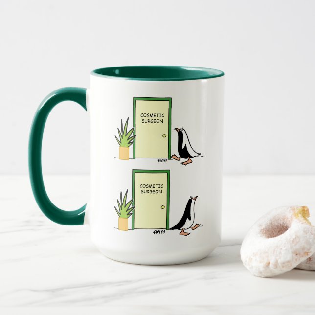 Funny Cosmetic Surgeon Penguin Patient Cartoon Mug (With Donut)