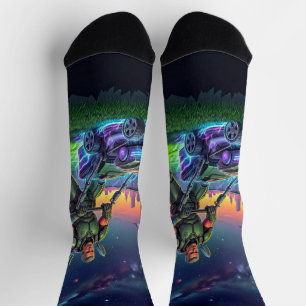 Funny Cosmic Mower Astronaut Retro Comic Space Socks