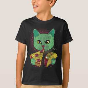 Funny Cosmic Space Green Alien Cat Eating Pizza an T-Shirt