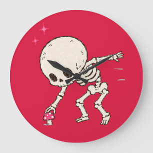 Funny Cottagecore Skeleton Foraging Red Mushroom Large Clock