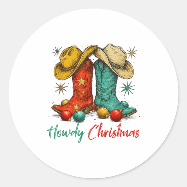 Funny Country Western Christmas Howdy Cowboy Boots Classic Round Sticker (Front)
