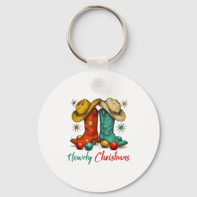 Funny Country Western Christmas Howdy Cowboy Boots Key Ring (Front)