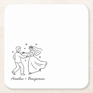 funny couple Hand Drawn  wedding Square Paper Coaster