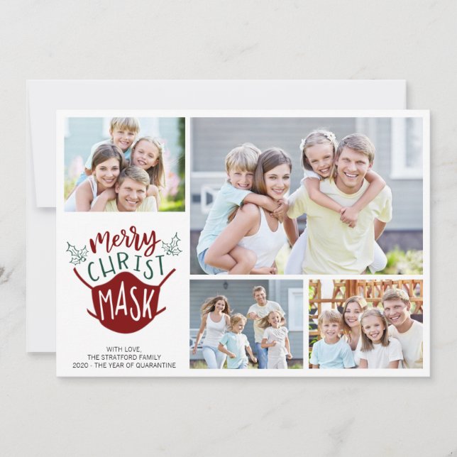 Funny COVID-19 MERRY ChristMASK Face Mask 4 Photo Holiday Card (Front)