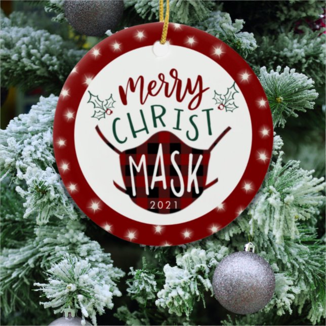 Funny COVID MERRY ChristMASK Buffalo Check Ceramic Tree Decoration (Creator Uploaded)