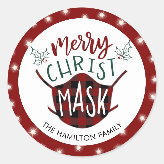 Funny COVID MERRY ChristMASK Buffalo Check Classic Round Sticker (Front)