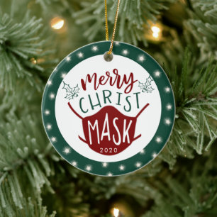 Funny COVID MERRY ChristMASK Photo Green Ceramic Tree Decoration