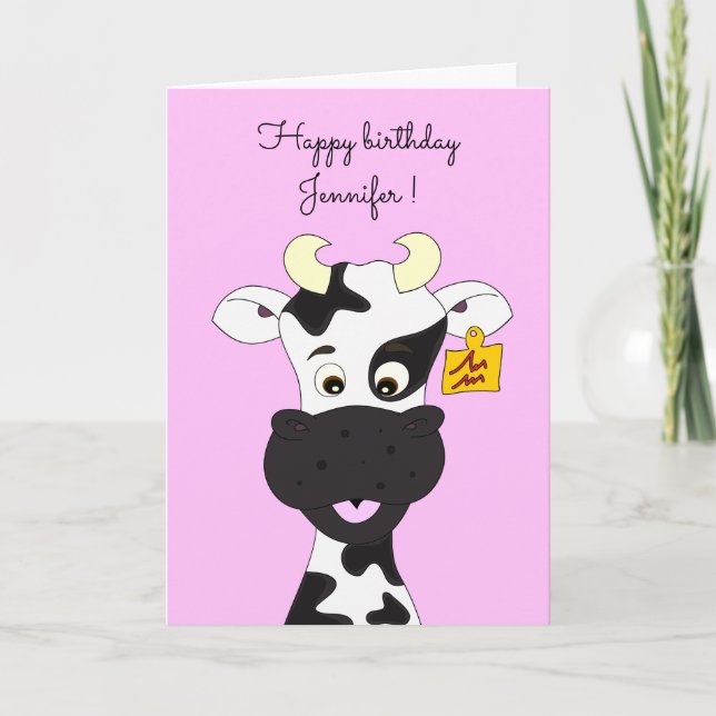 Funny cow cartoon pink custom birthday card (Front)