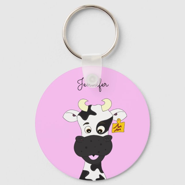 Funny cow cartoon pink name keychain (Front)