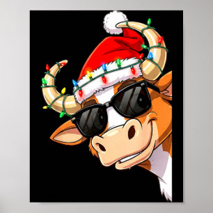 Funny Cow Christmas Cool Longhorn Santa Cow Hat Ho Poster