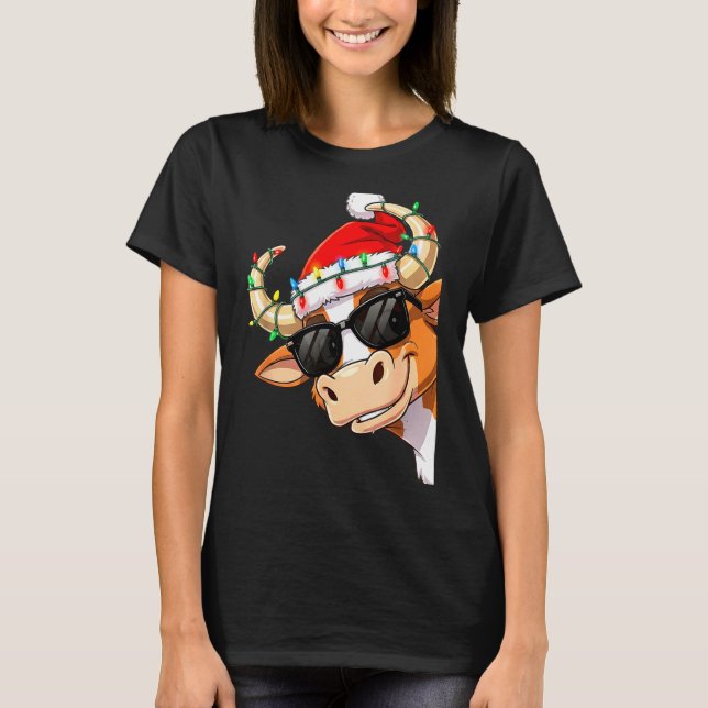 Funny Cow Christmas Cool Longhorn Santa Cow Hat Ho T-Shirt (Front)