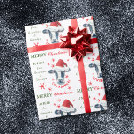 Funny Cow Cowabunga Christmas Personalised Wrapping Paper<br><div class="desc">This cute Holiday gift wrapping paper features a black and white cow wearing a red and white Santa hat. Around the cow portrait are ornate red snowflakes. The text says "Cowabunga!", and green and red text says "Merry Christmas". There are also additional text fields for you to personalise the gift....</div>