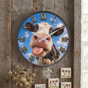 Funny Cow Cute Farm Animal Rustic Decor Large Clock