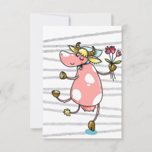 Funny Cow Dancing With Flower Thank You Card