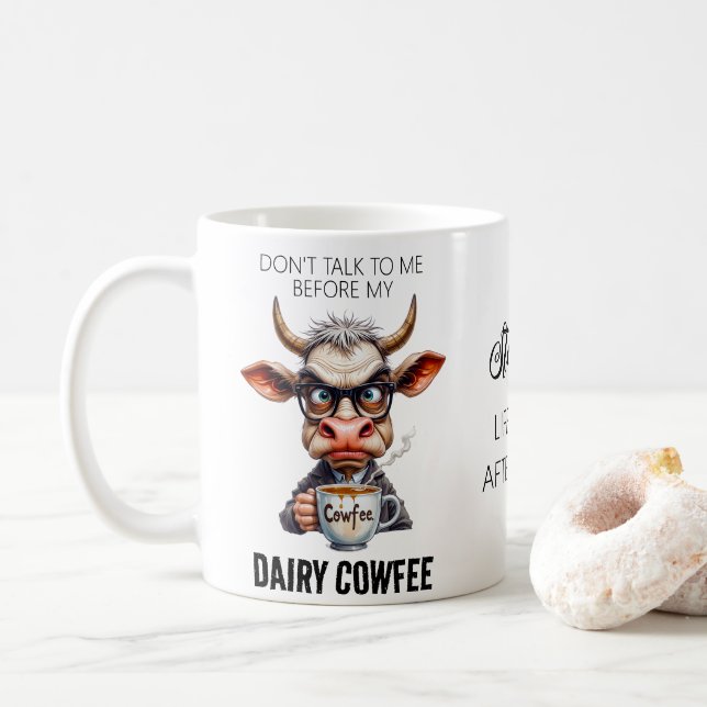 Funny Cow Drinking Coffee Typography Mug (With Donut)