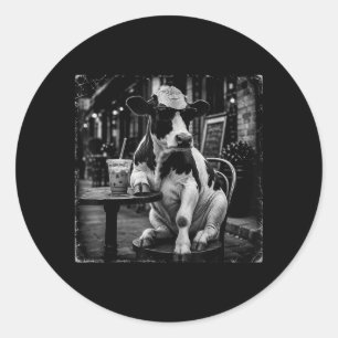 Funny Cow Drinking Iced Milk Coffee Animal Lover Classic Round Sticker