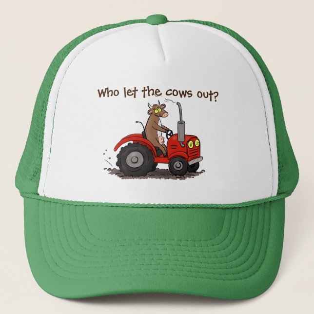 Funny cow driving a red tractor cartoon trucker hat (Front)