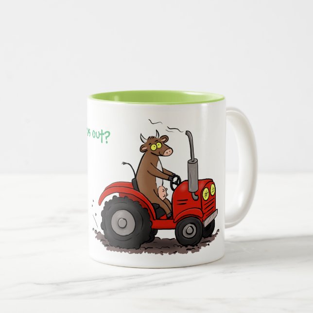 Funny cow driving red tractor cartoon Two-Tone coffee mug (Front Right)