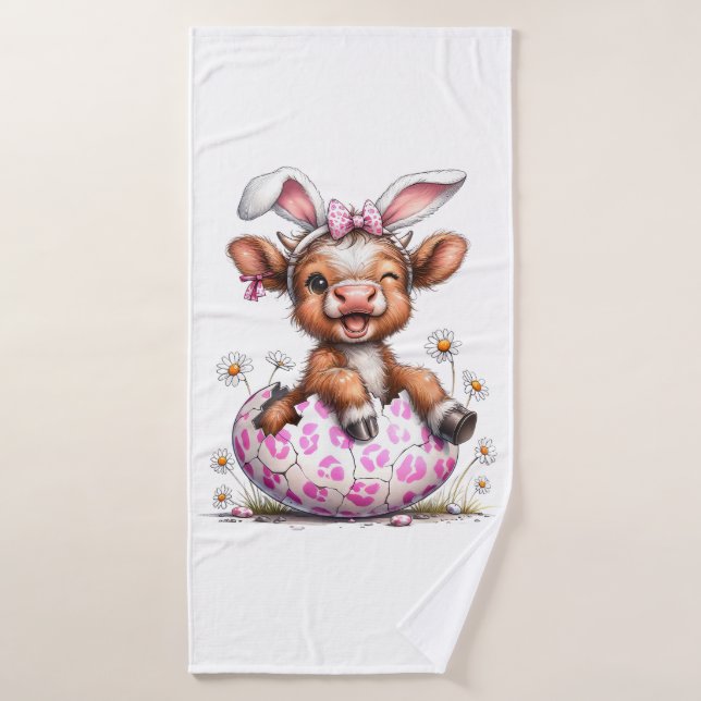 Funny Cow Easter Rabbit Cute Highland Cows Lover E Bath Towel (Bath Towel)