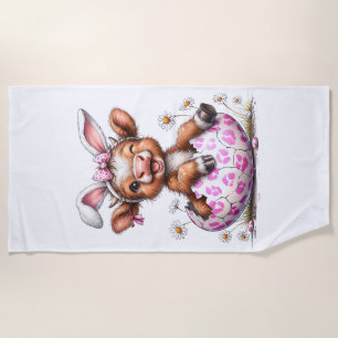 Funny Cow Easter Rabbit Cute Highland Cows Lover E Beach Towel