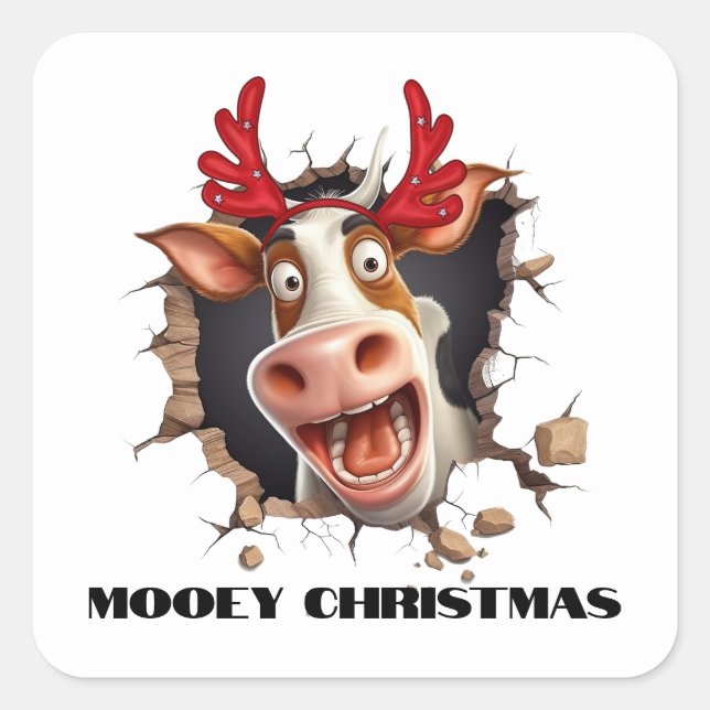 Funny cow face christmas cartoon mooey xmas square sticker (Front)
