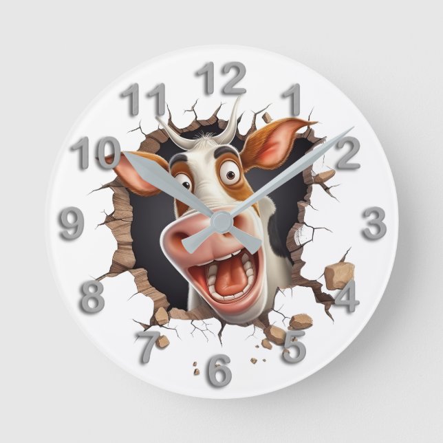 Funny cow face surprised look brown white farm round clock (Front)