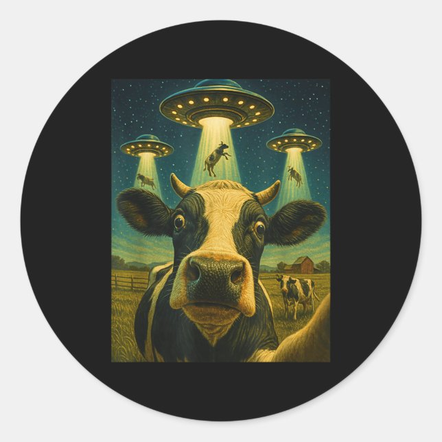 Funny Cow Farm Alien Selfie Ufo Zoo Boys Girls Kid Classic Round Sticker (Front)
