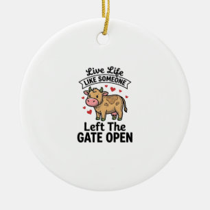 Funny Cow Gate Open Vintage Engraving Shirt Design Ceramic Tree Decoration