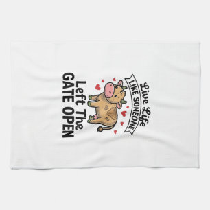 Funny Cow Gate Open Vintage Engraving Shirt Design Tea Towel