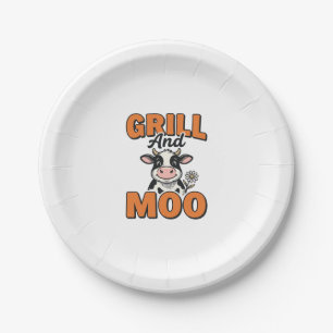 Funny Cow Grill And Moo Vintage T-Shirt Design_1 Paper Plate