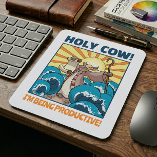 Funny Cow Holy Cow! I'm Being Productive! Cartoon Mouse Mat