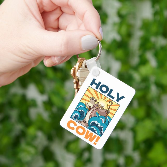 Funny Cow Holy Cow! Visual Pun Animal Cartoon Key Ring (Hand)