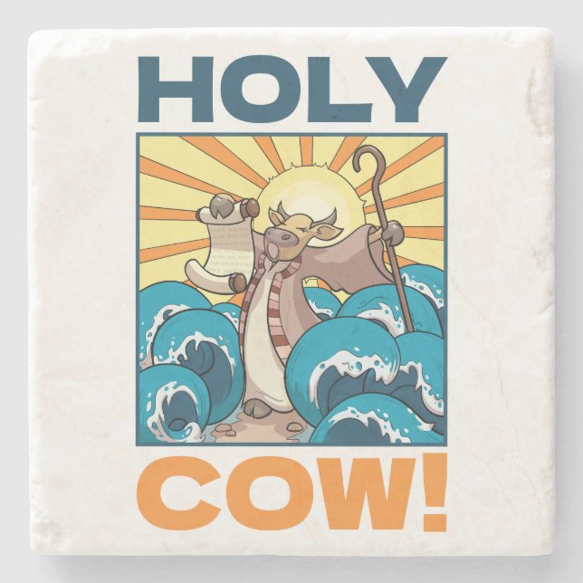 Funny Cow Holy Cow! Visual Pun Animal Cartoon Stone Coaster (Front)