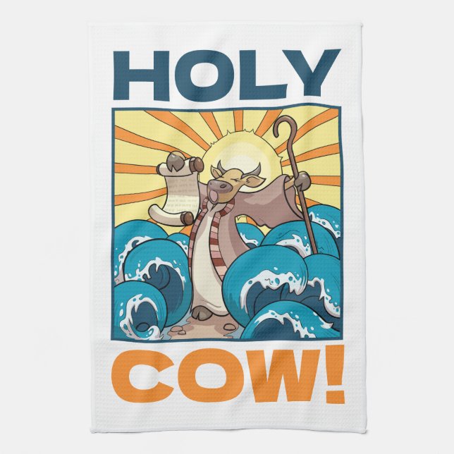 Funny Cow Holy Cow! Visual Pun Animal Cartoon Tea Towel (Vertical)