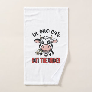 Funny Cow In One Ear Out The Udder Shirt Design_1 Hand Towel