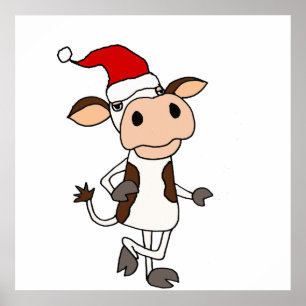 Funny Cow in Santa Hat Christmas Cartoon Poster