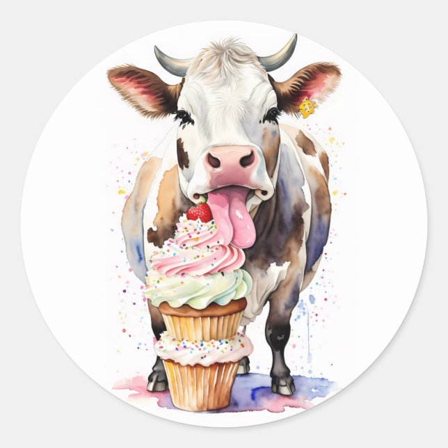 Funny Cow Licking Cupcakes For Cow Lovers Classic Round Sticker (Front)