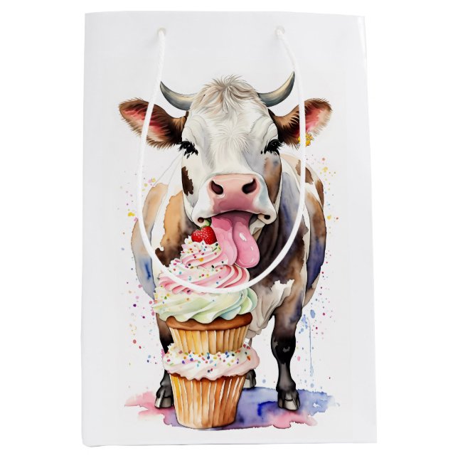 Funny Cow Licking Cupcakes For Cow Lovers Medium Gift Bag (Front)