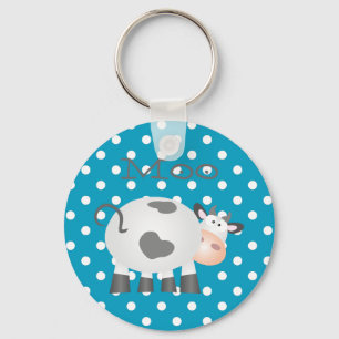 Funny Cow Moo And White Polka Dot Button Keychain