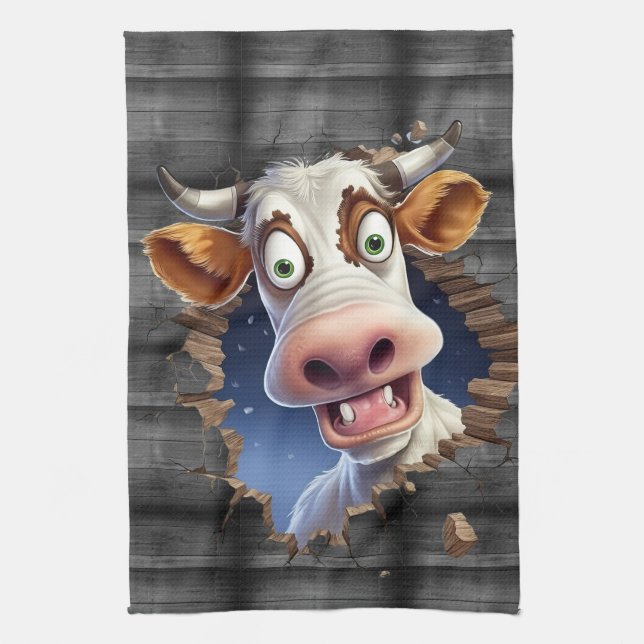 Funny cow peeking cartoon farmyard animals cute tea towel (Vertical)