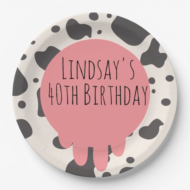 Funny Cow Print Adult Party 40th Birthday   Paper Plate (Front)