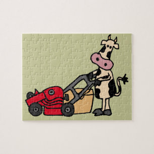 Funny Cow Pushing Red Lawn Mower Cartoon Jigsaw Puzzle