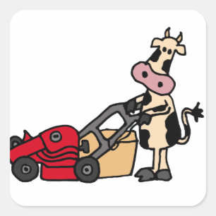 Funny Cow Pushing Red Lawn Mower Cartoon Square Sticker