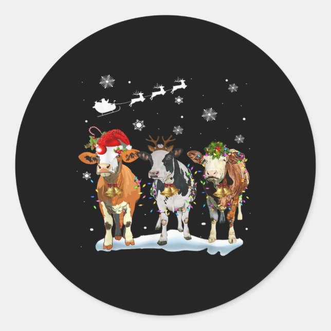 Funny Cow Santa Merry Christmas Xmas Lights Pajama Classic Round Sticker (Front)