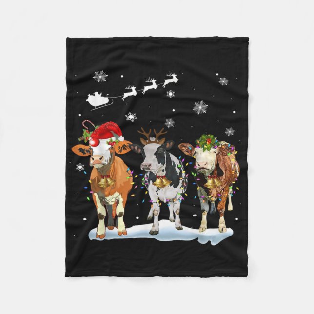 Funny Cow Santa Merry Christmas Xmas Lights Pajama Fleece Blanket (Front)