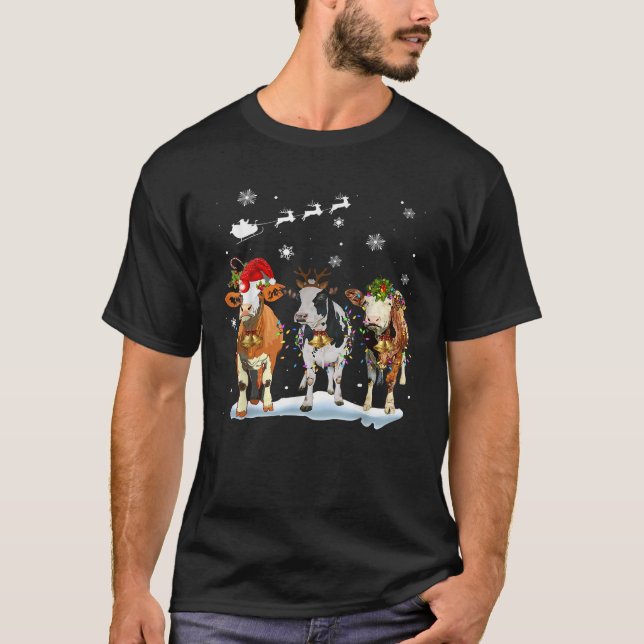 Funny Cow Santa Merry Christmas Xmas Lights Pajama T-Shirt (Front)
