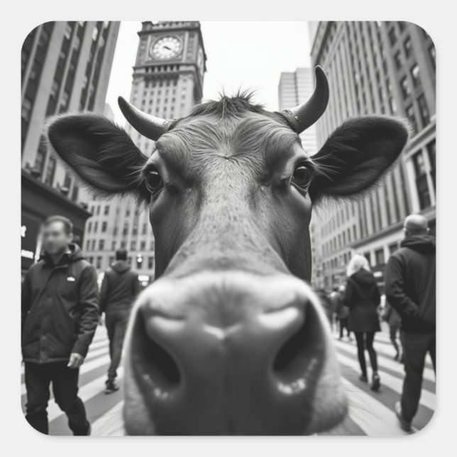 Funny Cow Selfie on a Busy City Street Square Sticker (Front)