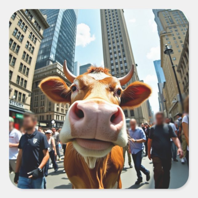 Funny Cow Selfie on a Busy City Street Square Sticker (Front)