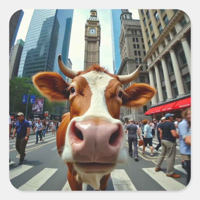 Funny Cow Selfie on a Busy City Street Square Sticker (Front)