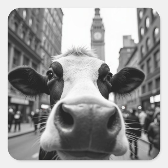 Funny Cow Selfie on a Busy City Street Square Sticker (Front)
